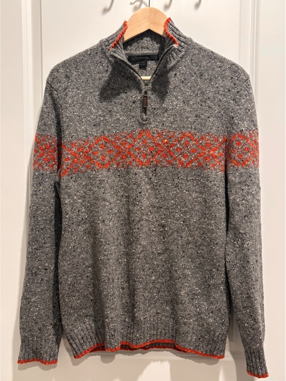 VTG 90s Express Men's M Gray Tweed Fair Isle Wool Blend 1/4 Zip Pullover